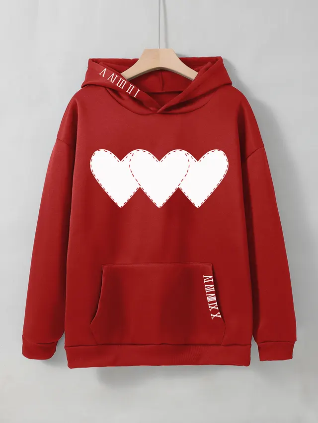 Women's Brushed Hoody Heart Shape Printed Drawstring Hoodie Red - Shop at LoveMi