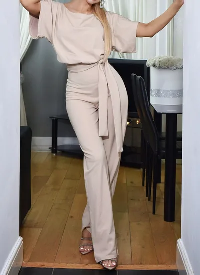 Summer Fashion Lace up Button Short sleeved Women's Jumpsuit Apricot - Shop at LoveMi