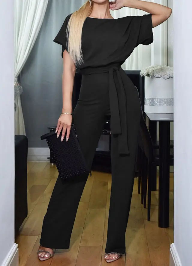 Summer Fashion Lace up Button Short sleeved Women's Jumpsuit Black - Shop at LoveMi