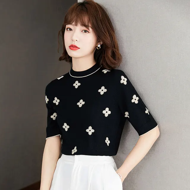 Women's Summer Fashion Thin Round Neck Embroidered Short Sleeve T shirt Top Black - Shop at LoveMi