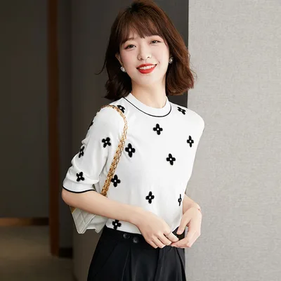 Women's Summer Fashion Thin Round Neck Embroidered Short Sleeve T shirt Top Red - Shop at LoveMi