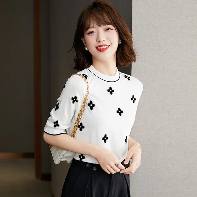 Women's Summer Fashion Thin Round Neck Embroidered Short Sleeve T shirt Top White - Shop at LoveMi