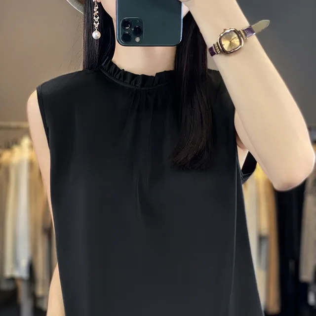 Women's Spring And Summer Solid Color Loose Thin Top Satin Vest Black - Shop at LoveMi