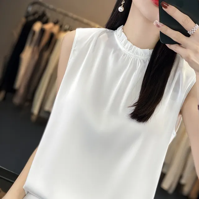 Women's Spring And Summer Solid Color Loose Thin Top Satin Vest White - Shop at LoveMi