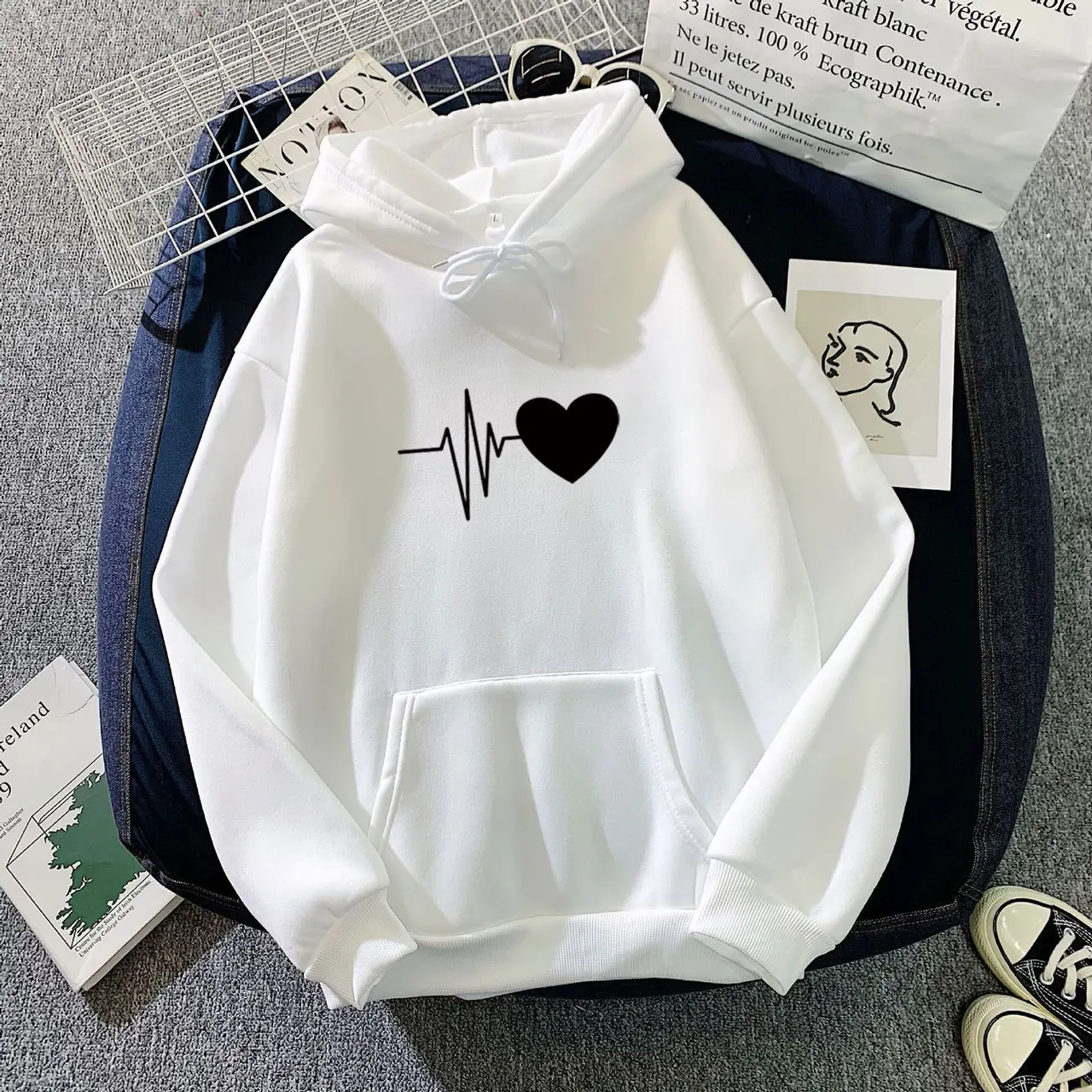 European And American Plus Velvet Hoodie Sweaters Women's Clothing Autumn Winter Coat Loose - White
