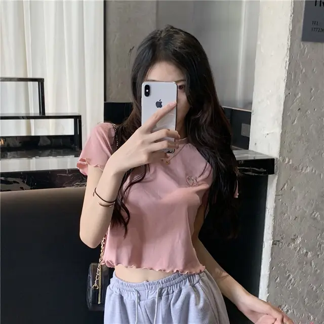 Short Sleeve Embroidered Wooden Ear Slim T shirt Pink - Shop at LoveMi