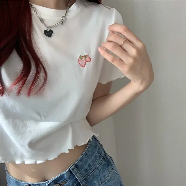 Short Sleeve Embroidered Wooden Ear Slim T shirt White - Shop at LoveMi