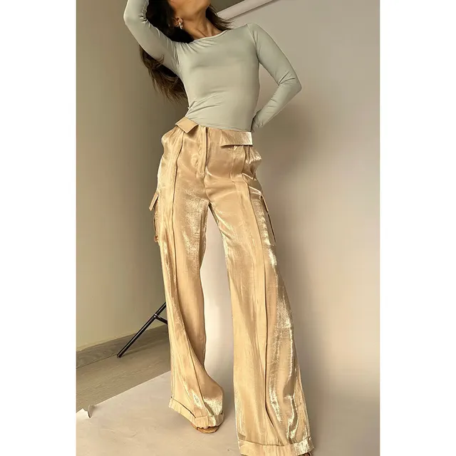 Ins Style Loose Straight Pants With Multi pocket Design New Fashion Casual Vacation Trousers Womens Clothing Gold - Shop at LoveMi