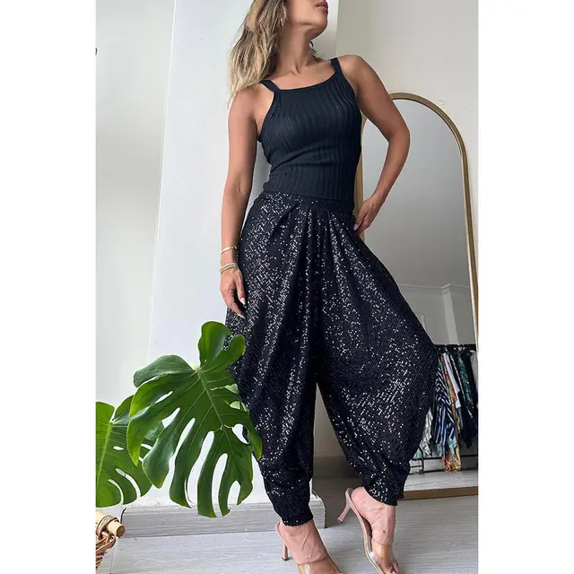 Loose Sequin Trousers INS Style Casual Fashion Elastic Waist Bloomers Pants For Womens Clothing Black - Shop at LoveMi