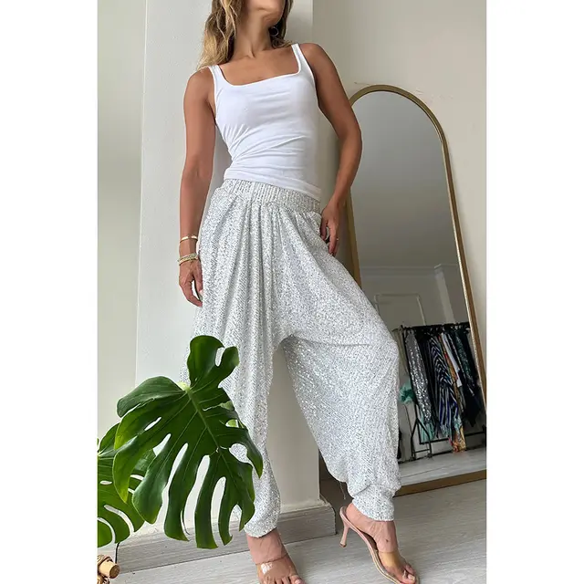 Loose Sequin Trousers INS Style Casual Fashion Elastic Waist Bloomers Pants For Womens Clothing Silver - Shop at LoveMi