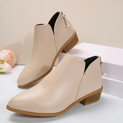 Pointed Toe Chunky Heel Booties Women's Back Zipper White - Shop at LoveMi