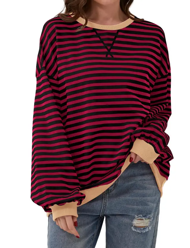 Simple Home Striped Pattern Round Neck Top Wine Red - Shop at LoveMi