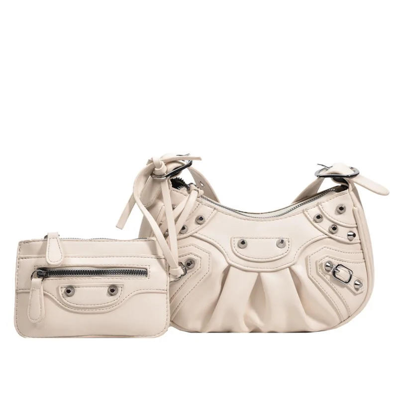 Women's Fashion Vintage Crumpled Crescent Moon Son Mother Shoulder Bag Beige - Shop at LoveMi