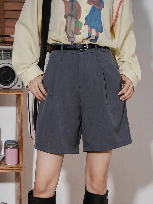 Women's High Waist Straight Suit Cropped Pants Retro Bermuda Shorts Grey - Shop at LoveMi