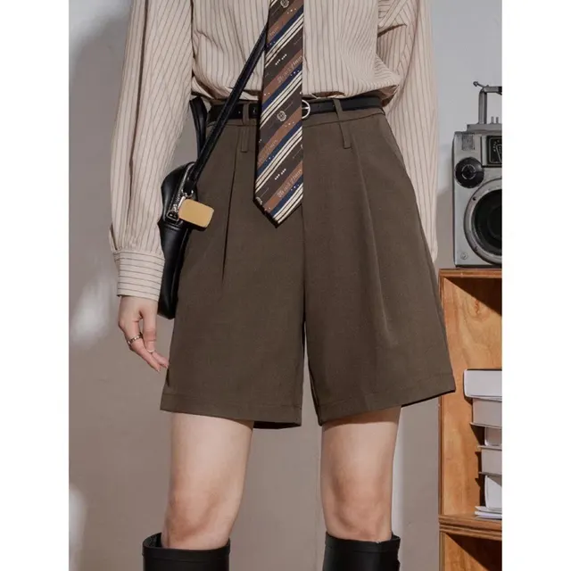 Women's High Waist Straight Suit Cropped Pants Retro Bermuda Shorts Khaki - Shop at LoveMi
