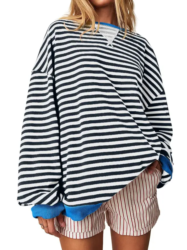 Women's Striped Embroidered Stitching Color inserted Pullover Sweater Black - Shop at LoveMi