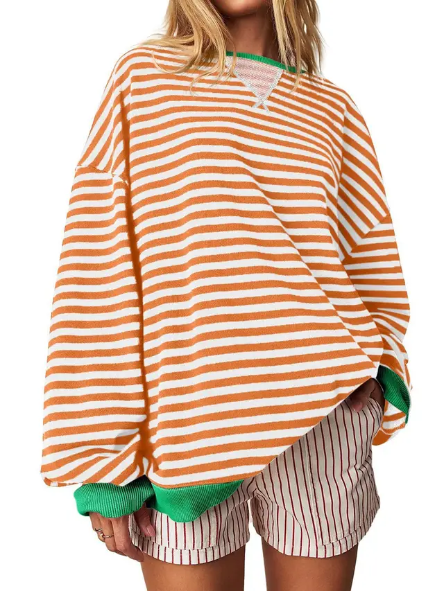 Women's Striped Embroidered Stitching Color inserted Pullover Sweater Orange - Shop at LoveMi