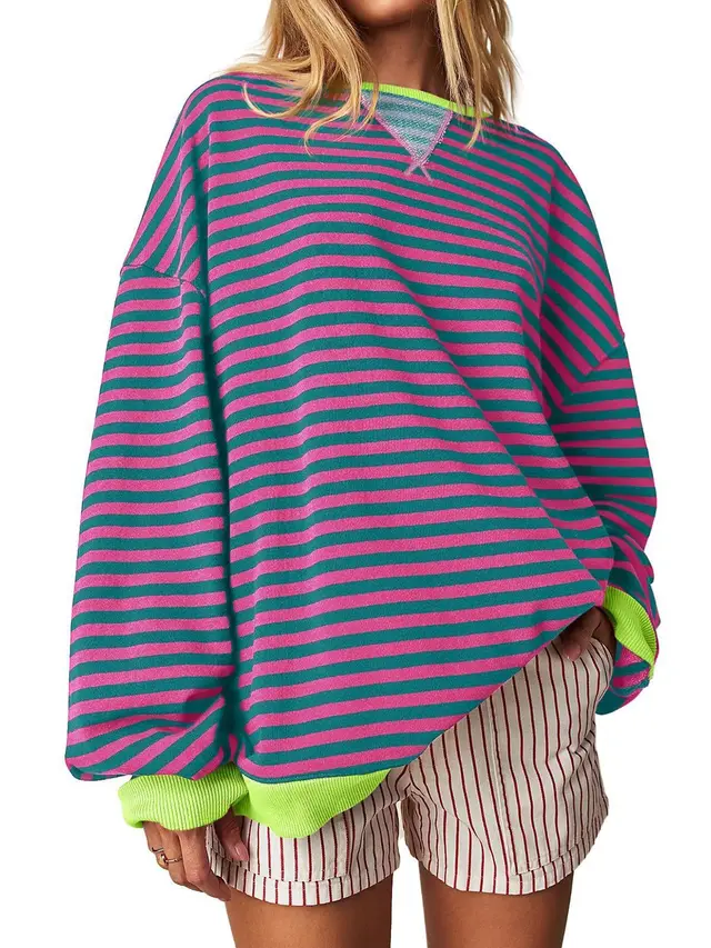 Women's Striped Embroidered Stitching Color inserted Pullover Sweater Purple - Shop at LoveMi