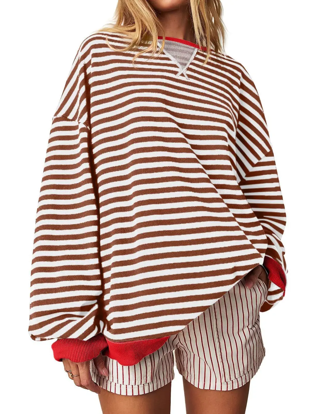 Women's Striped Embroidered Stitching Color-inserted Pullover Sweater - Red