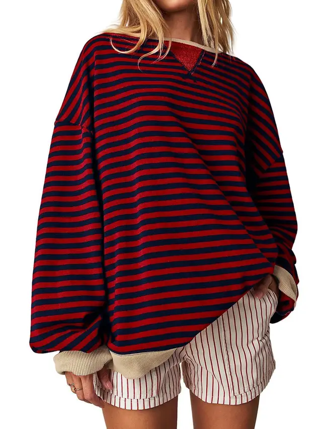 Women's Striped Embroidered Stitching Color inserted Pullover Sweater Wine Red - Shop at LoveMi