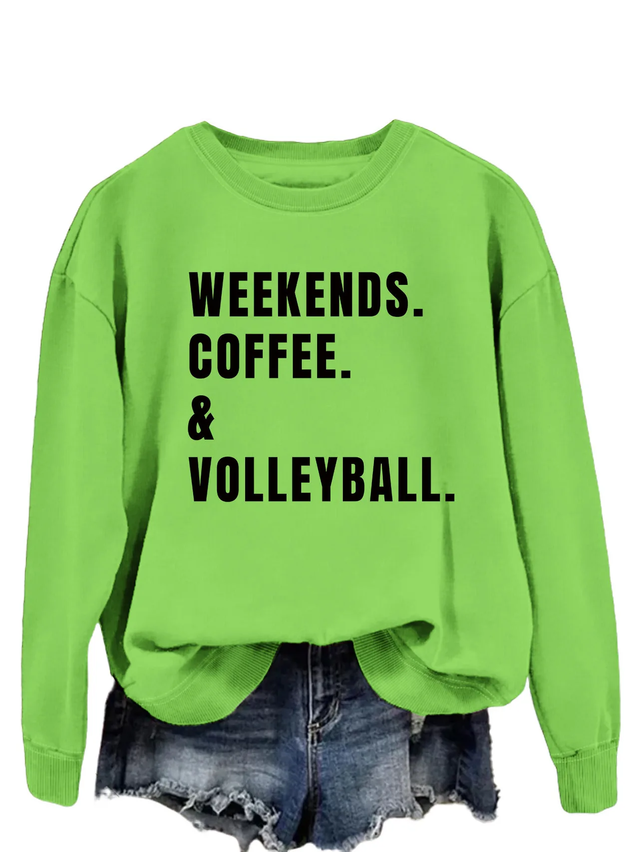 Women's Simple Round Neck Long Sleeve Loose Sweatshirt - Fluorescent Green Black Font - View 1