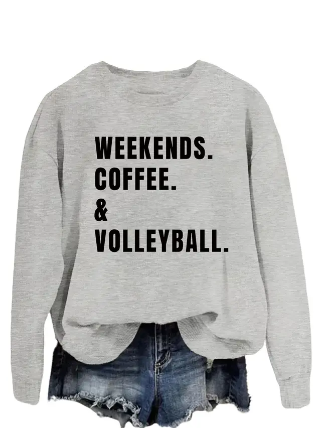 Women's Simple Round Neck Long Sleeve Loose Sweatshirt Gray Sweater Black Font - Shop at LoveMi