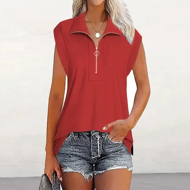 Women's Top Zipper And Lapel Raglan Sleeves Red - Shop at LoveMi