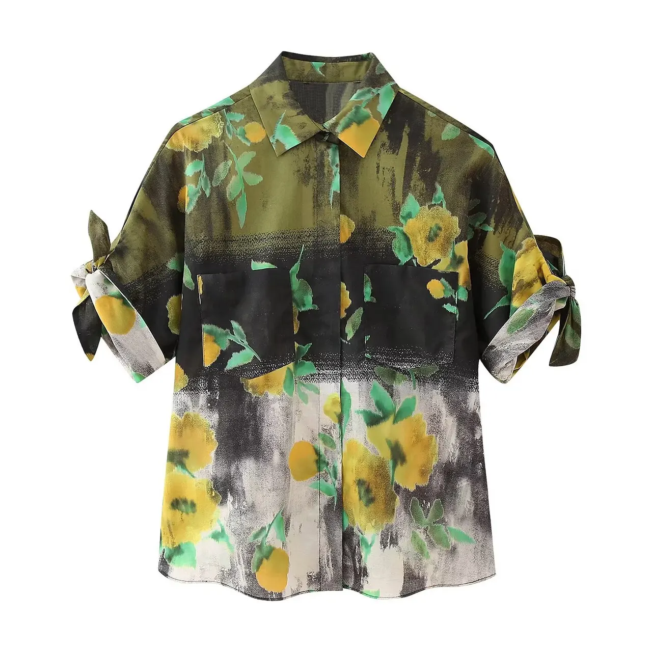 Graceful And Fashionable Lapel Short Sleeve Floral Single-breasted Shirt - View 1
