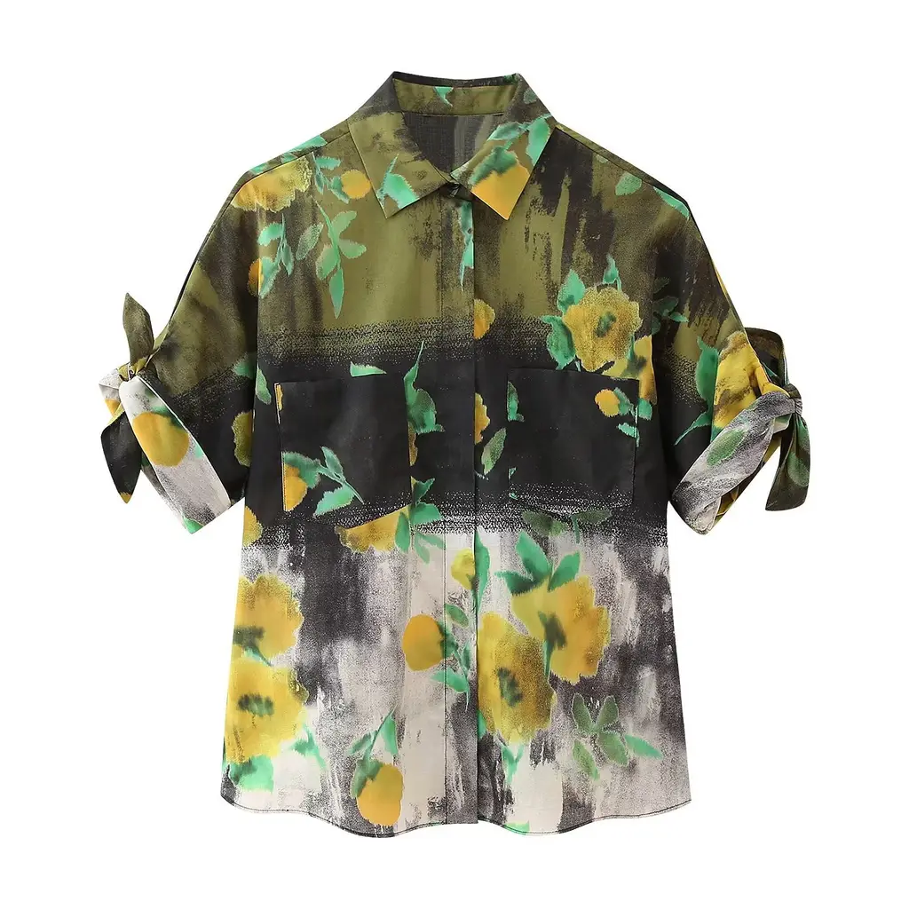 Graceful And Fashionable Lapel Short Sleeve Floral Single-breasted Shirt - View 1