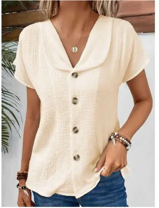 Summer Solid Color Fashion Short-sleeved Cardigan Button Women's Top - Apricot