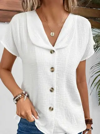 Summer Solid Color Fashion Short-sleeved Cardigan Button Women's Top - White