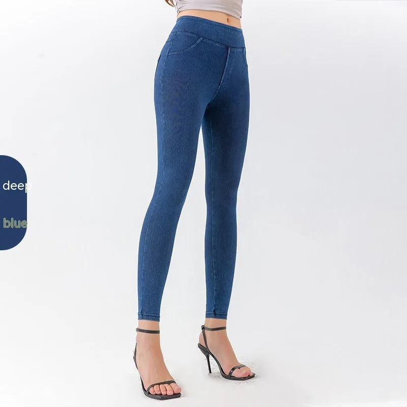 Denim Yoga Pants Women's High Waist Slimming Pocket Sports Tight Casual Pants Dark Blue - Shop at LoveMi