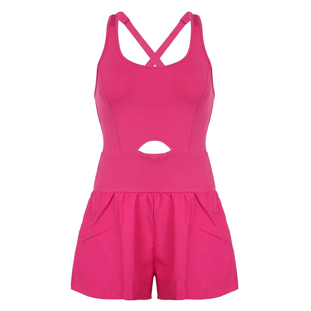 Women's Fashionable Elegant Yoga Shorts Hollow Cross Back Loose Comfortable Workout Clothes Vest Jumpsuit Pink - Shop at LoveMi