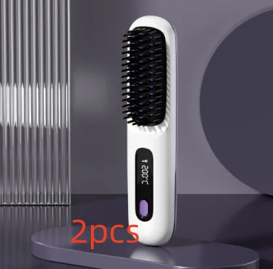 2 In 1 Straight Hair Comb Wireless Hair Straightener Brush Hair Fast Heating Portable Hot Curler USB Charging Lcd White English 2Pcs - Shop at LoveMi