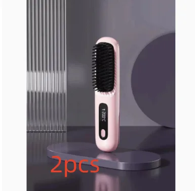 2 In 1 Straight Hair Comb Wireless Hair Straightener Brush Hair Fast Heating Portable Hot Curler USB Charging Pink 2Pcs - Shop at LoveMi