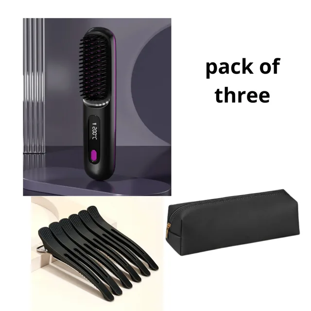 2 In 1 Straight Hair Comb Wireless Hair Straightener Brush Hair Fast Heating Portable Hot Curler USB Charging Set - Shop at LoveMi