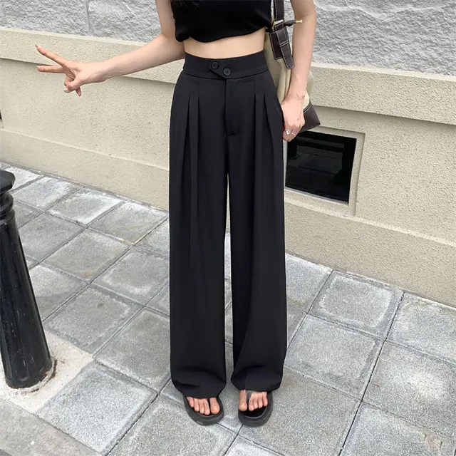 Women's Fashion Drape Loose Straight Pants Black - Shop at LoveMi