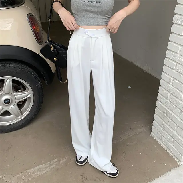 Women's Fashion Drape Loose Straight Pants White - Shop at LoveMi