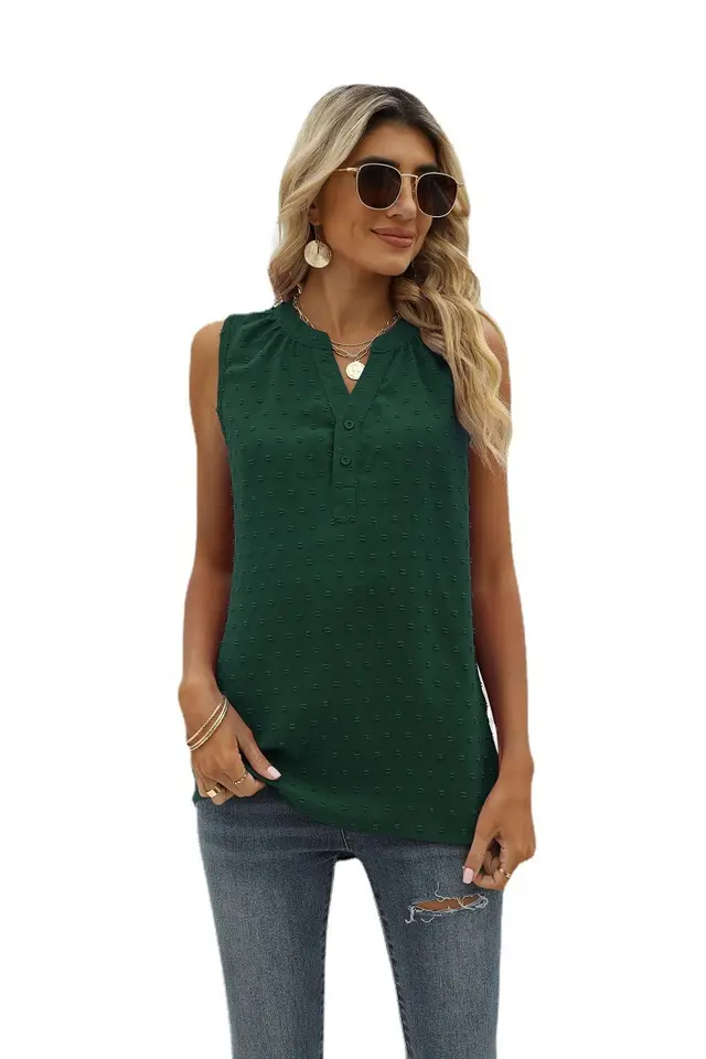 New Solid Color Chiffon Shirt Loose V neck Jacquard Sleeveless Casual Vest Dark Green - Shop at LoveMi