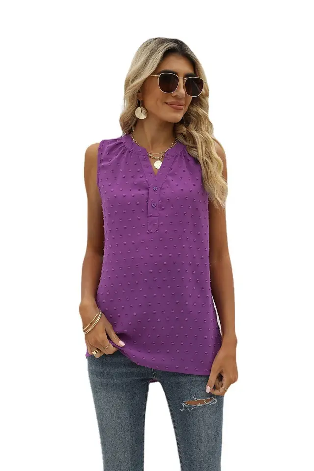 New Solid Color Chiffon Shirt Loose V neck Jacquard Sleeveless Casual Vest Purple - Shop at LoveMi