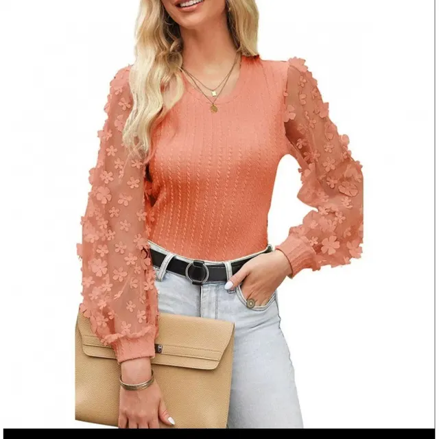 Women's Mesh Small Flower Chiffon Shirt Summer Round Neck Long Sleeve Top Orange Red - Shop at LoveMi