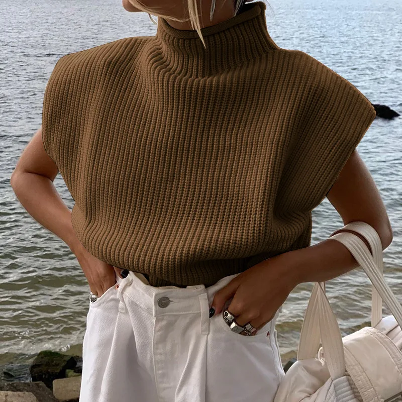 Women's Solid Color Turtleneck Sweater With Short Sleeves Top Brown - Shop at LoveMi