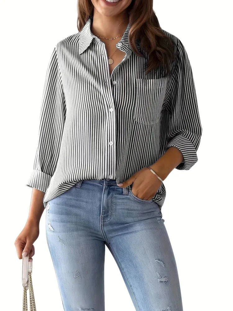 Women's Striped Loose Casual Cardigan Top - Black