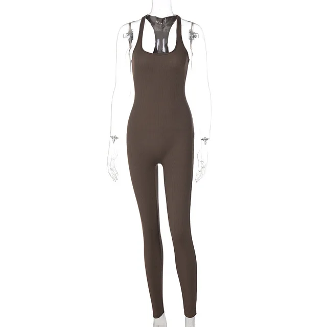 European And American Style Sleeveless Backless Waist Trimming Jumpsuit Long Brown - Shop at LoveMi