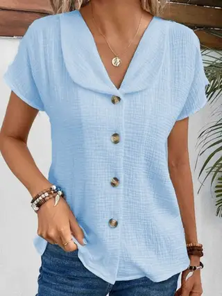 Solid Color Fashion Short Sleeve Cardigan Button Women's Top - Light Blue
