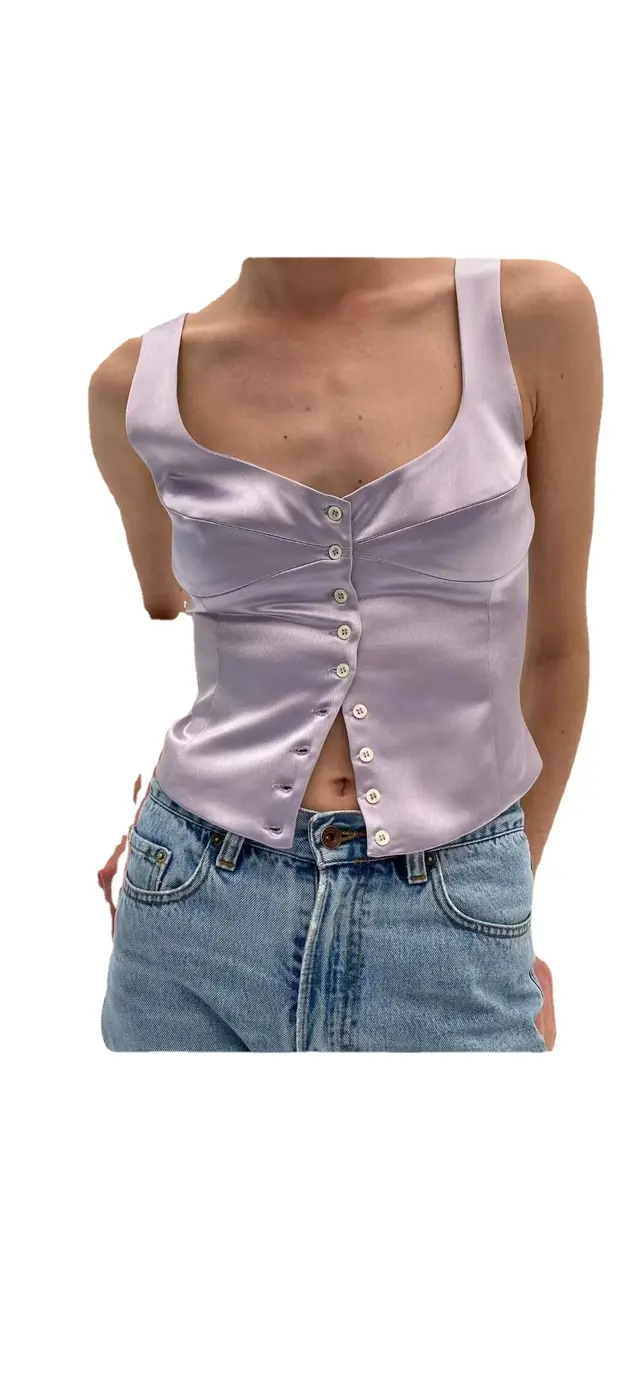 Woman Square neck Small Slip Top Button Backless Sleeveless Vest Light Purple - Shop at LoveMi
