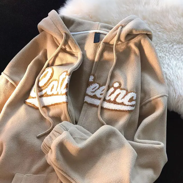 Polar Fleece Hooded Zipper Milky Yellow Sweater Women's Small Fleece lined Cardigan Outerwear Top Khaki - Shop at LoveMi