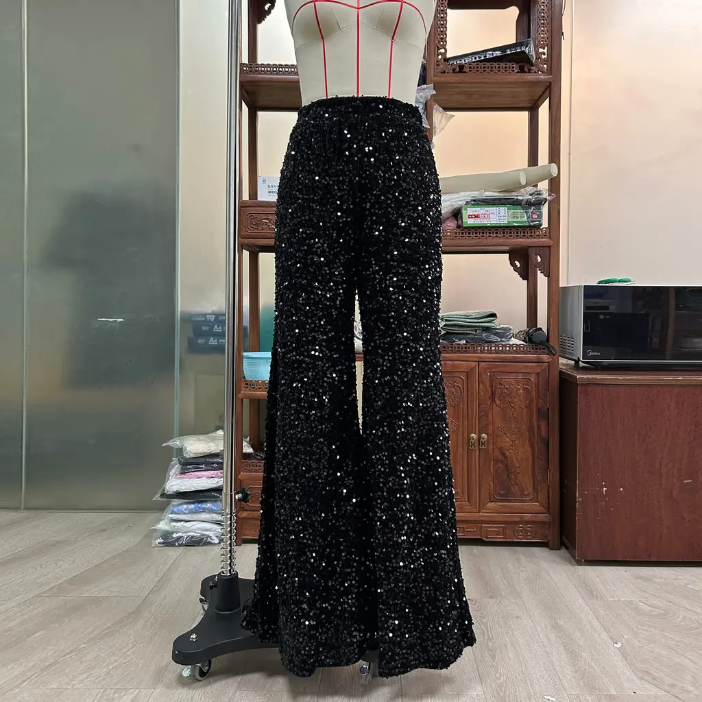 European And American Pure Color Sequins Fashion Casual Wide-leg Pants For Women - Black