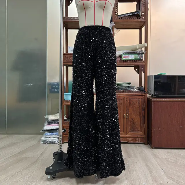European And American Pure Color Sequins Fashion Casual Wide leg Pants For Women Black - Shop at LoveMi