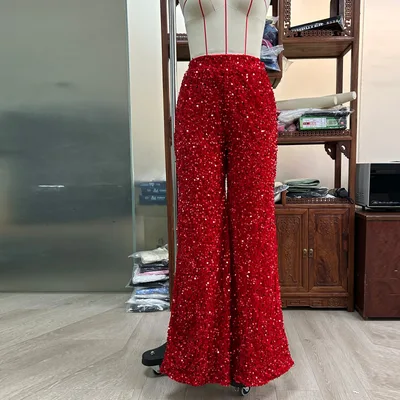 European And American Pure Color Sequins Fashion Casual Wide leg Pants For Women Red - Shop at LoveMi